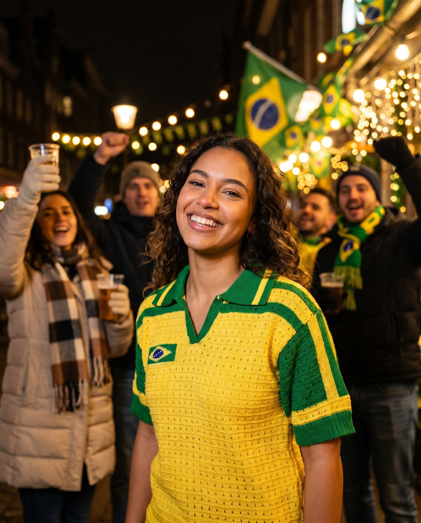 Torcida brasileira comemorando no churrasco de inverno vestindo Brasileirando